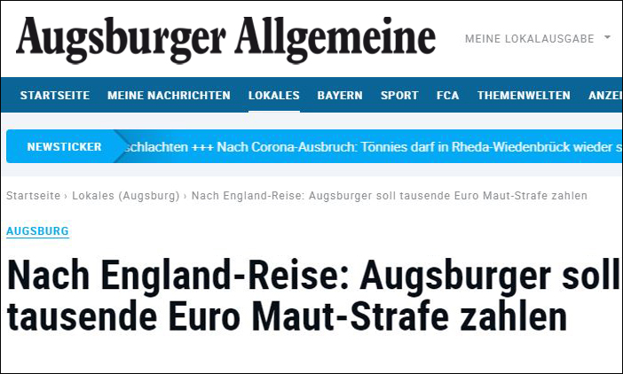 Augsburger Allgemeine: Nach England-Reise: Augsburger soll tausende Euro Maut-Strafe zahlen